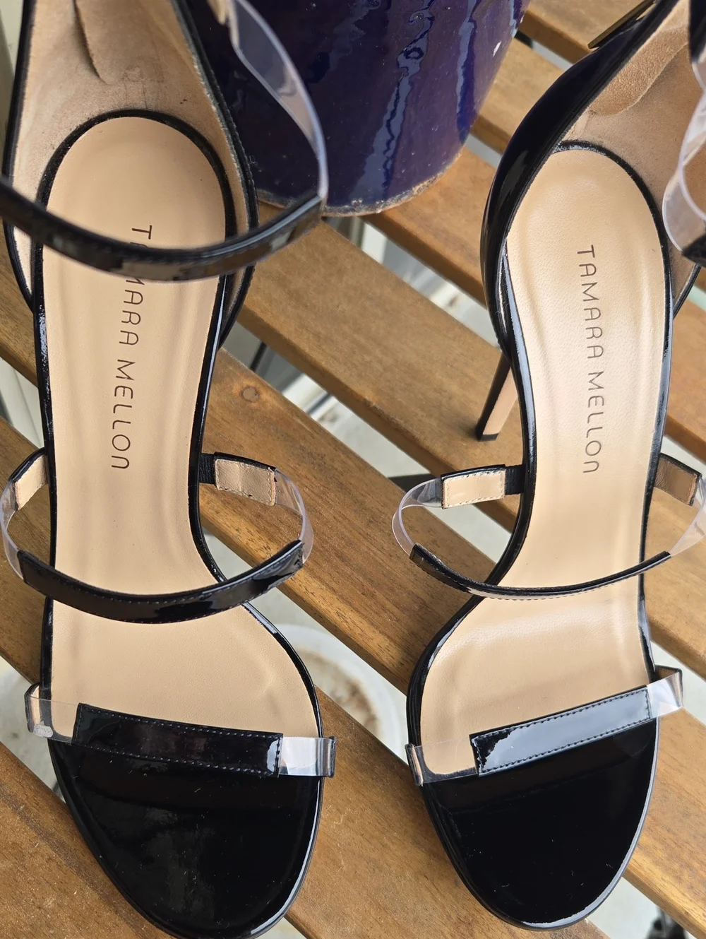 Tamara Mellon Frontline 75 Black Patent Clear Heels  Womens EU 38.5